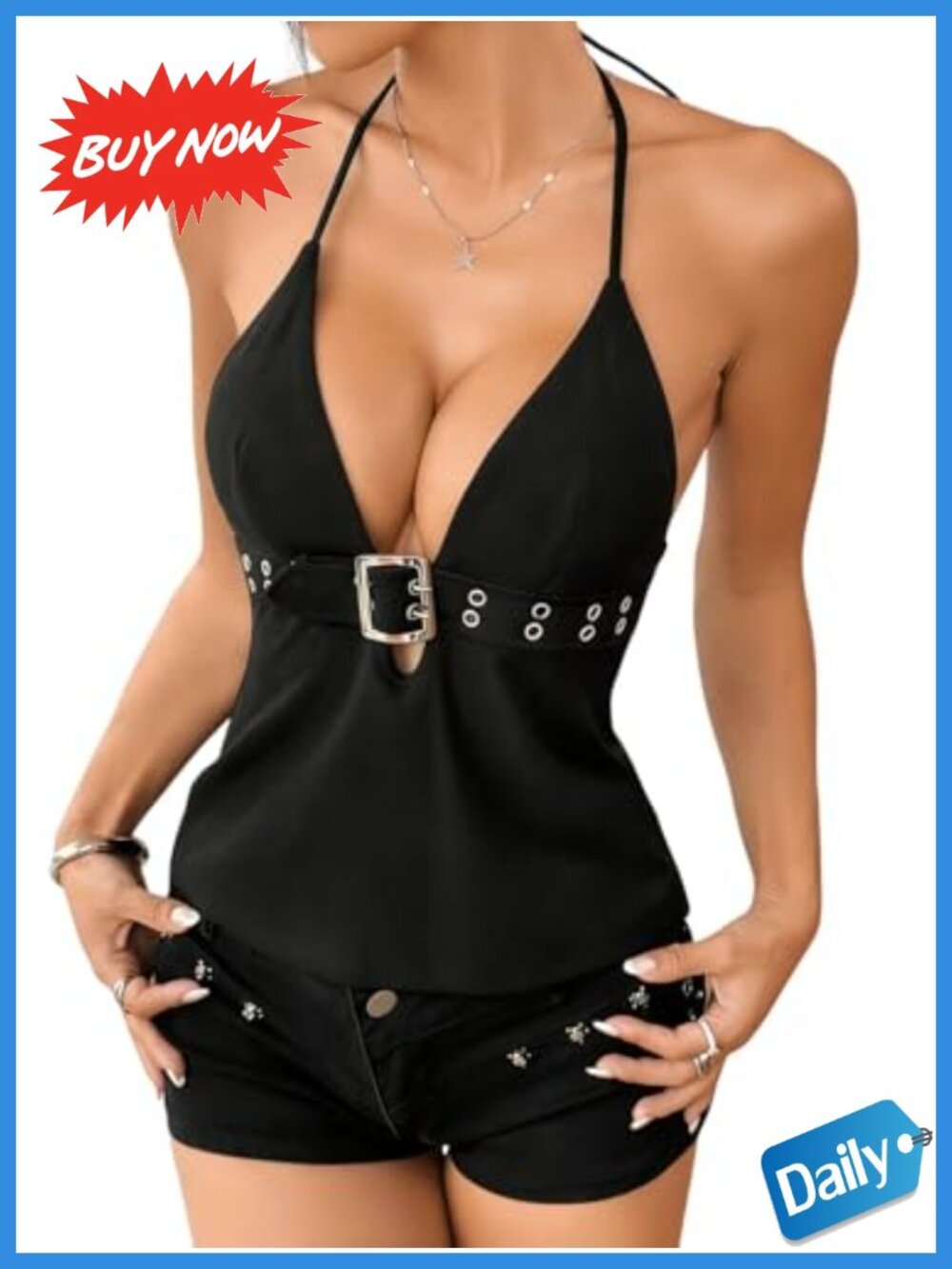 Verdusa Women's Halter Crop Top Grommet Eyelet Belted Tie Backless Rave